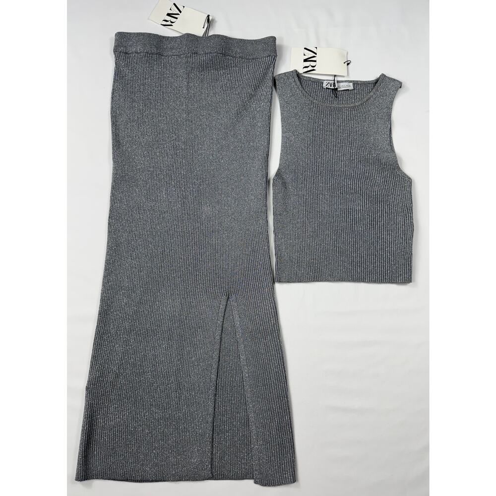 NWT Zara Silver Knit Metallic Thread Sleeveless Top & Midi Skirt Set Sz S - Picture 2 of 11